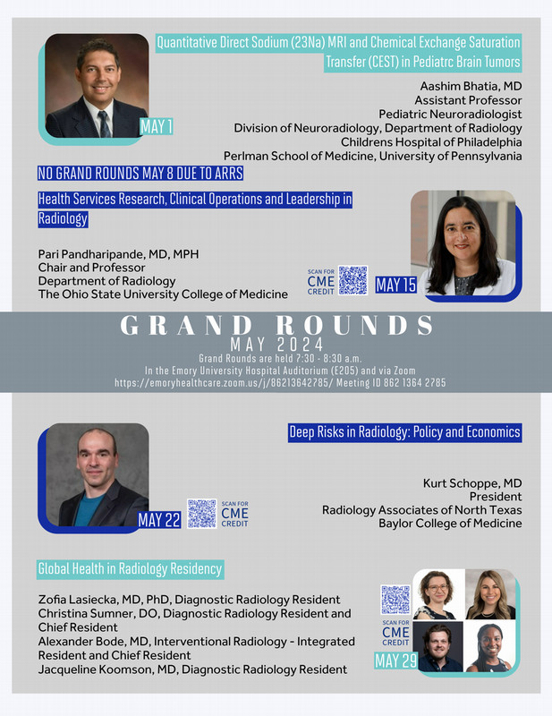 flyer showing the titles of Grand Round Talks and No Grand Rounds May 8