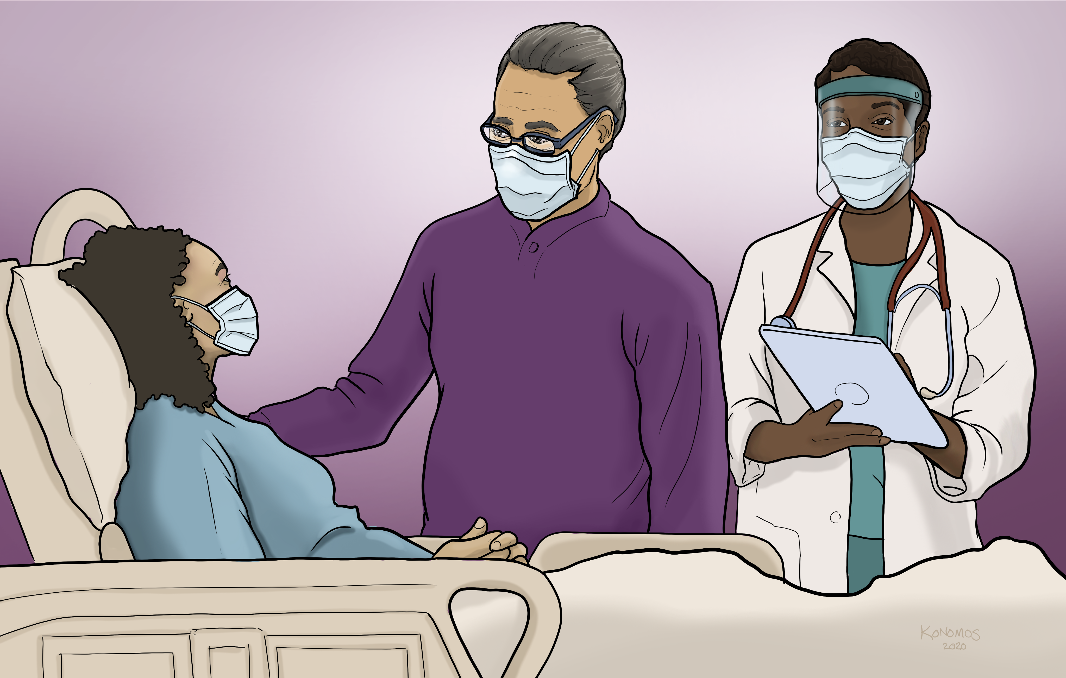 Illustration of care partner offering support to patient with provider nearby to care for medical needs of patient