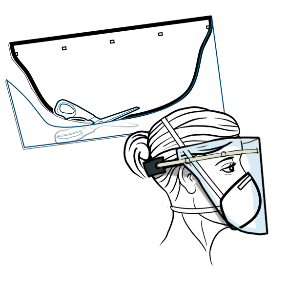 Illustration depicting the trimming of face shield with scissors to properly fit a healthcare worker.