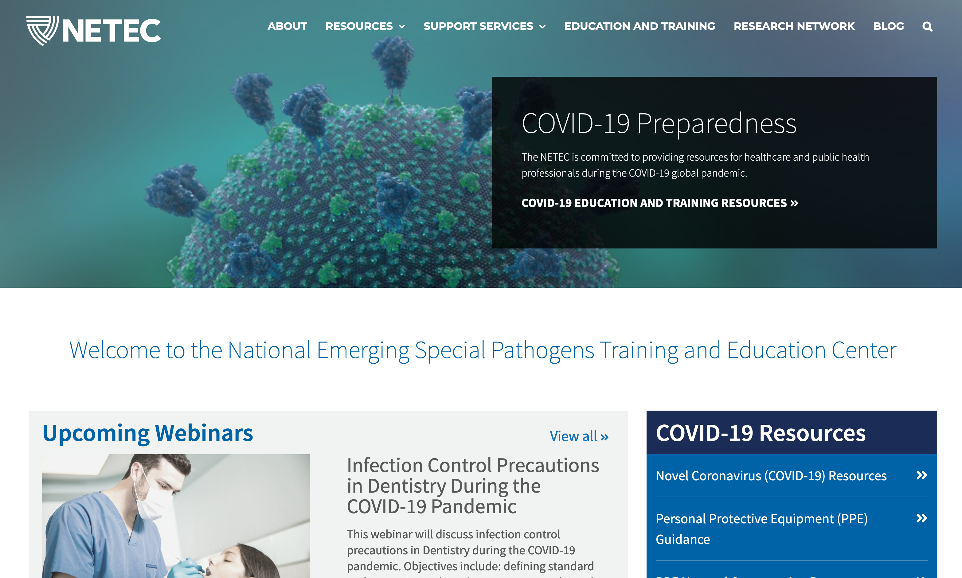 image of the NETEC website with COVID-19 Preparedness title