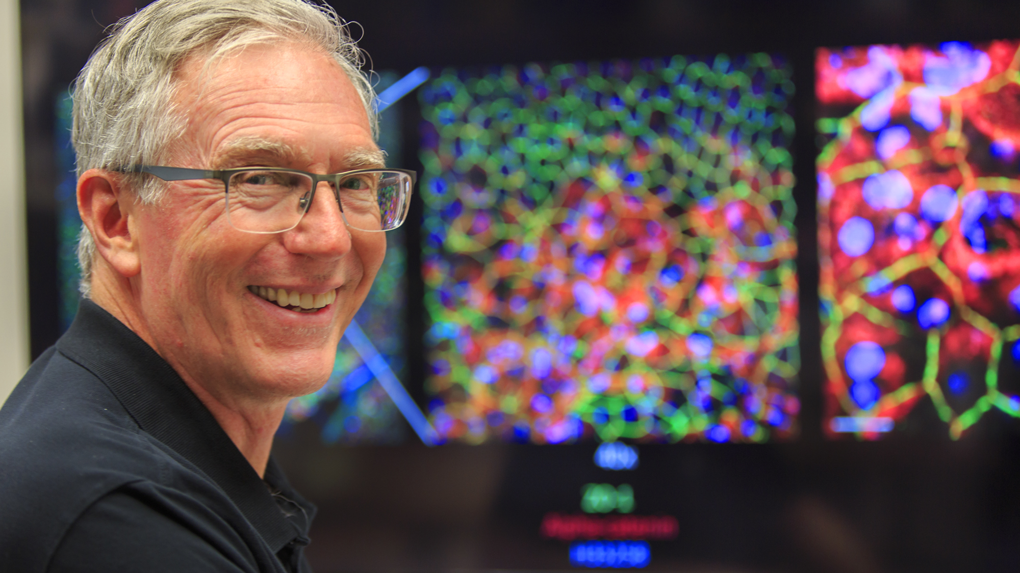 Dr. Nickerson standing in front of computer screens where cell structures and pathologies are displayed in brilliant colors