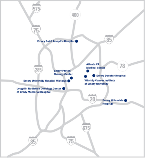 Map with Winship radiation oncology locations in Atlanta metro area.