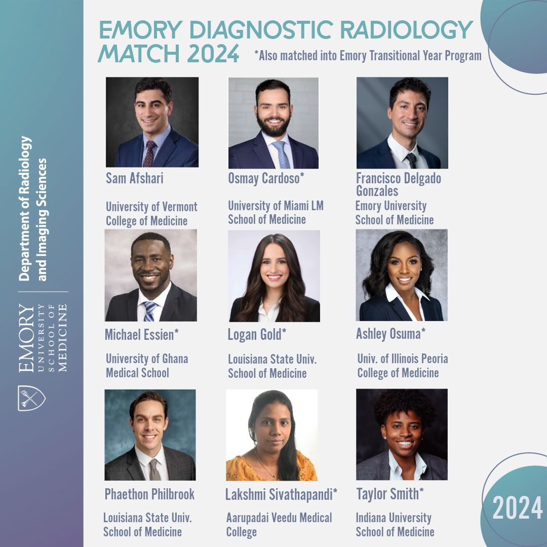 collage of 9 people's headshots and the words Emory Diagnostic Radiology Match 2024