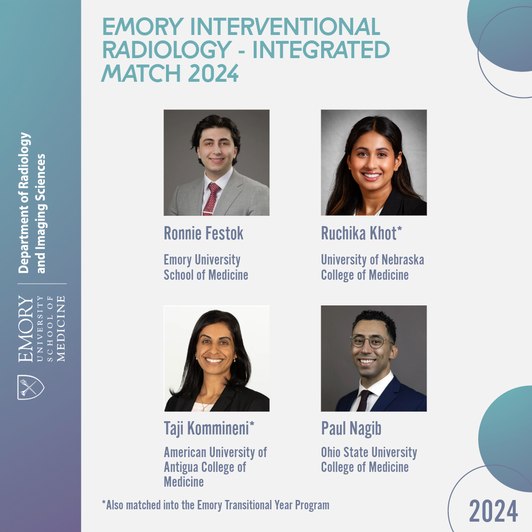 four people's headshots and the words Emory Interventional Radiology Integrated Residency Match 204=2024