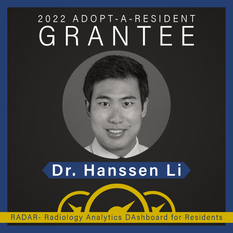 graphic that says 2022 adopt a resident grantee and shows a picture of a smiling man with short dark hair with the name Dr Hanssen Li and below the picture a graphic of a speedometer