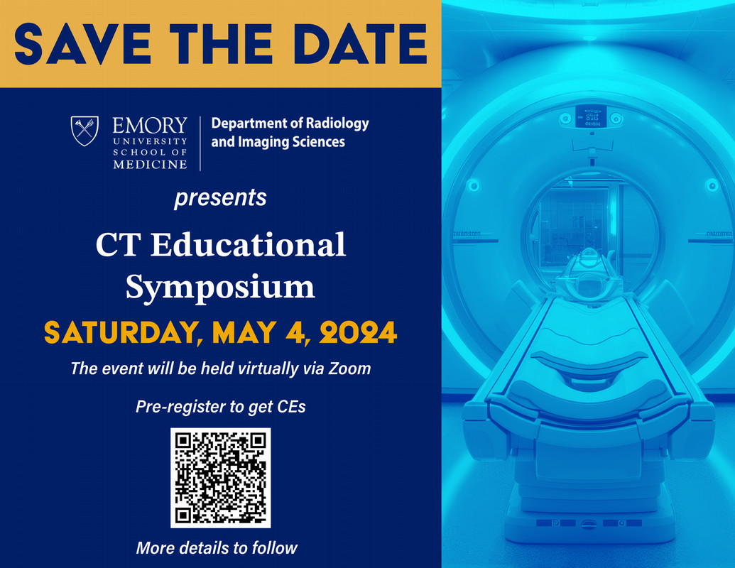 flyer showing a CT scanner with the words CT Educational Symposium May 4